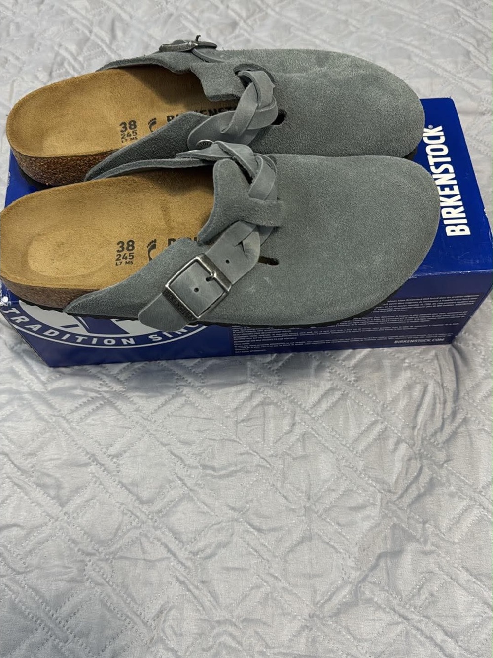 Birkenstock Grey Suede Boston Clogs with Buckle
